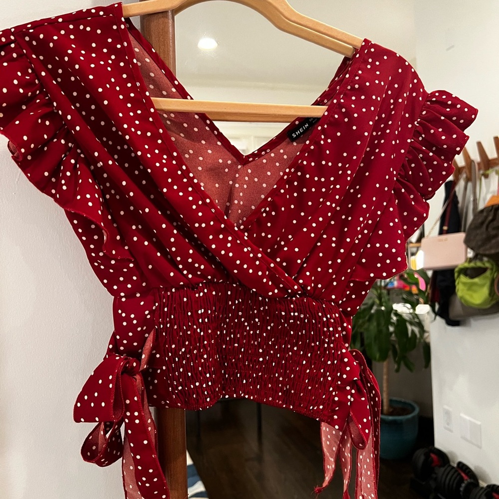 Burgundy Polka Dot Smocked Crop Top XS